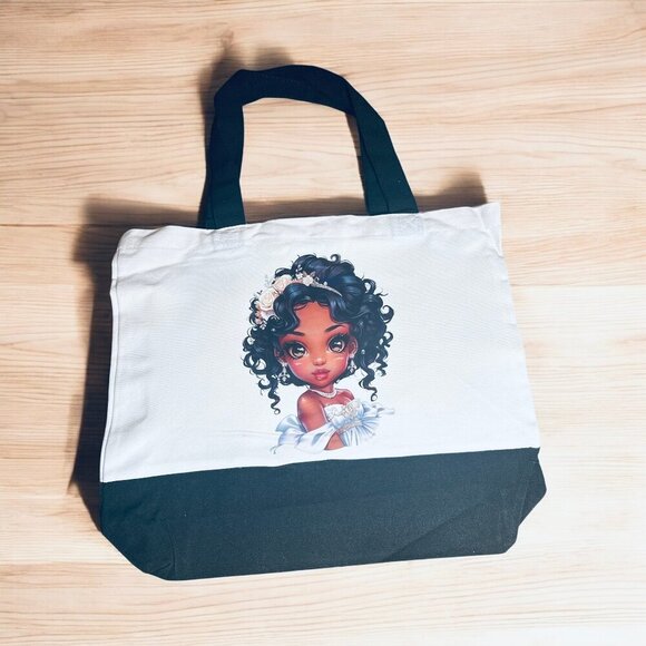 Large Canvas Tote Bag with Elegant Girl in White Dress | Hand Pressed | 17”x14” - Picture 2 of 5